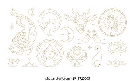 Magic woman boho vector illustrations of graceful feminine women and esoteric symbols set. Mysterious and witchcraft line art design elements. Bohemian silhouettes for greeting card, logo or poster.