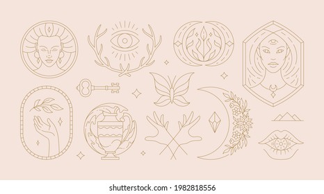 Magic woman boho vector illustrations of graceful feminine women and esoteric symbols set. Mysterious and witchcraft line art design elements. Bohemian silhouettes for greeting card, logo or poster.