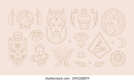 Magic woman boho vector illustrations of graceful feminine women and esoteric symbols set. Mysterious and witchcraft line art design elements. Bohemian silhouettes for greeting card, logo or poster.