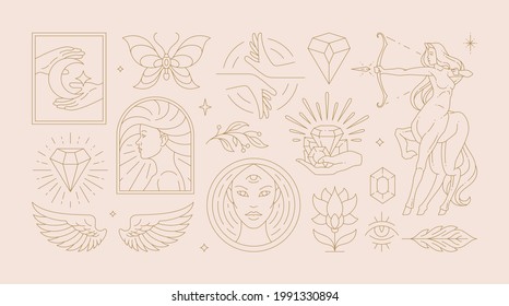 Magic woman boho vector illustrations of graceful feminine women and esoteric symbols set. Mysterious and witchcraft line art design elements. Bohemian silhouettes for greeting card, logo or poster.