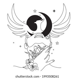 Magic woman boho vector illustrations of graceful feminine women and esoteric symbols set. Mysterious and witchcraft line art design elements. Bohemian silhouettes for greeting card, logo or poster.