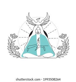 Magic woman boho vector illustrations of graceful feminine women and esoteric symbols set. Mysterious and witchcraft line art design elements. Bohemian silhouettes for greeting card, logo or poster.