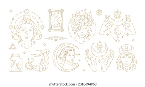 Magic Woman Boho Vector Illustrations Of Graceful Feminine Women And Esoteric Symbols Set. Mysterious And Witchcraft Line Art Design Elements. Bohemian Silhouettes For Greeting Card, Logo Or Poster.