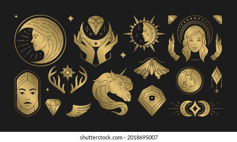 La mujer mágica ilustraciones vectoriales de las elegantes mujeres femeninas y de los símbolos esotéricos establecidos. Elementos de diseño de líneas de arte misterioso y brujería. Siluetas bohemias para tarjeta de saludo, logotipo o afiche.