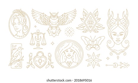 Magic woman boho vector illustrations of graceful feminine women and esoteric symbols set. Mysterious and witchcraft line art design elements. Bohemian silhouettes for greeting card, logo or poster.