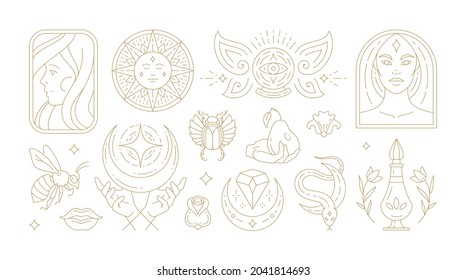 Magic woman boho vector illustrations of graceful feminine women and esoteric symbols set. Mysterious and witchcraft line art design elements. Bohemian silhouettes for greeting card, logo or poster.