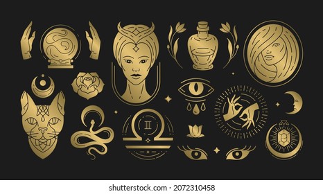 Magic woman boho vector illustrations of graceful feminine women and esoteric symbols set. Mysterious and witchcraft line art design elements. Bohemian silhouettes for greeting card, logo or poster.