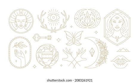 Magic woman boho vector illustrations of graceful feminine women and esoteric symbols set. Mysterious and witchcraft line art design elements. Bohemian silhouettes for greeting card, logo or poster.