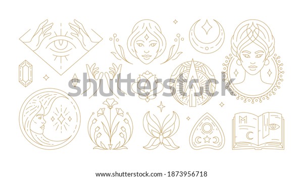 Magic woman boho vector illustrations of graceful\
feminine women and esoteric symbols set. Mysterious and witchcraft\
line art design elements. Bohemian silhouettes for greeting card,\
logo or poster.