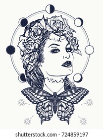 Magic woman and butterfly tattoo and t-shirt design. Symbol of a retro, queen, princess, lady. Glamourous vintage art 