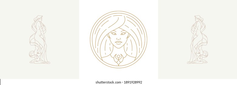 Magic woman circle head and female virgo in boho linear style vector illustrations set. Elegant bohemian emblems in golden lines feminine symbols for mystic logo and astrology print