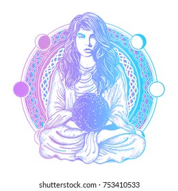 Magic woman color tattoo and t-shirt design. Symbol meditation, philosophy, astrology, magic, yoga 