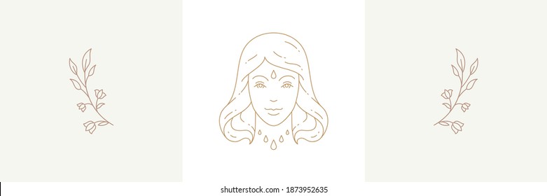 Magic woman creature head and twigs with flowers in boho linear style vector illustrations set. Bohemian emblems in golden lines with feminine symbols for mystic design and cosmetic logo