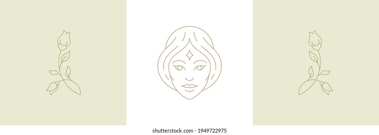 Magic woman creature head and twigs with rose flowers in boho linear style vector illustrations set. Bohemian emblems in golden lines with feminine symbols for mystic design and cosmetic logo