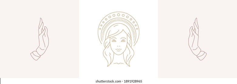 Cara mágica con gestos de manos de oración de halo y hembra en ilustraciones vectoriales de estilo lineal boho. Elegantes emblemas bohemias alinean el arte símbolos femeninos para el logotipo místico y el embalaje cosmético