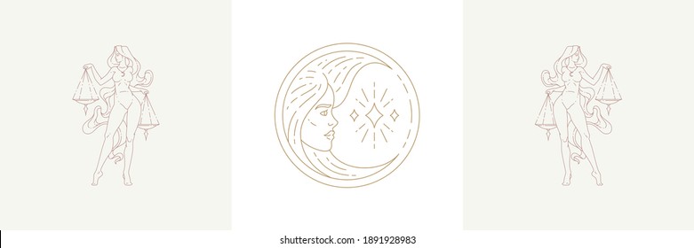 Magic woman face as moon crescent and female libra in boho linear style vector illustrations set. Elegant bohemian emblems in golden lines feminine symbols for mystic logo and astrology print