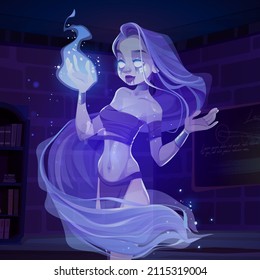 Magic woman ghost, creepy nymph with bleeding eyes, lips and fire on hand. Scary witch wrapped into long hair dead Halloween wizard character with magical blaze at night, Cartoon vector illustration