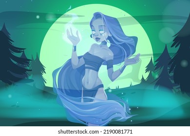 Magic woman ghost in night forest, creepy with bleeding eyes and fire on hand at full moon landscape Halloween scene. Scary witch wrapped in long hair, dead character Cartoon vector illustration