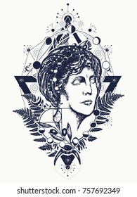Magic woman goddess Aphrodite tattoo. Science and education art. Symbol of knowledge, poetry, science, philosophy, psychology 