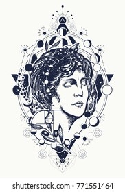 Magic woman goddess Aphrodite tattoo. Symbol of knowledge, poetry, science, philosophy, psychology 