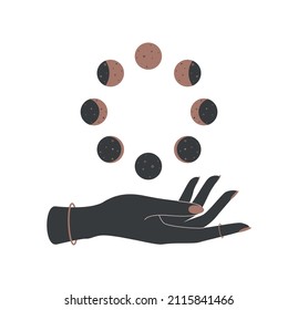 Magic woman hand with moon phases. Alchemy mystical celestial talisman. Spiritual boho occultism logo. Black and gold silhouette of arm for witchcraft. Esoteric Vector illustration