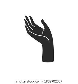 Magic woman hand palm gesture and fingers silhouette vector illustration. Boho style drawing for wall art poster print template. Mystic concept design.