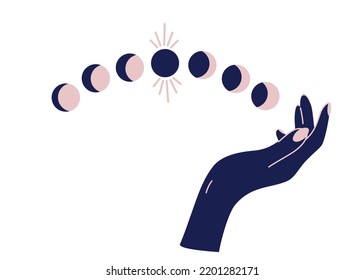 Magic woman hands with moon phases. Alchemy esoteric mystical magic celestial talisman with woman hand. Spiritual occultism object. Hand drawn vector illustrations isolated 