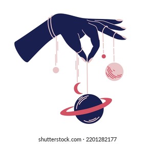 Magic woman hands with moon phases. Alchemy esoteric mystical magic celestial talisman with woman hand. Spiritual occultism object. Hand drawn vector illustrations isolated 