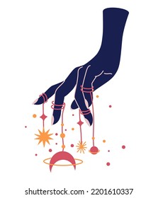 Magic Woman Hands With Moon Phases. Alchemy Esoteric Mystical Magic Celestial Talisman With Woman Hand. Spiritual Occultism Object. Hand Drawn Vector Illustrations Isolated 