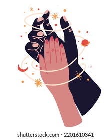 Magic Woman Hands With Moon Phases. Alchemy Esoteric Mystical Magic Celestial Talisman With Woman Hand. Spiritual Occultism Object. Hand Drawn Vector Illustrations Isolated 