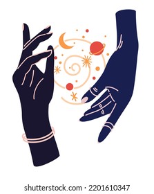 Magic Woman Hands With Moon Phases. Alchemy Esoteric Mystical Magic Celestial Talisman With Woman Hand. Spiritual Occultism Object. Hand Drawn Vector Illustrations Isolated 