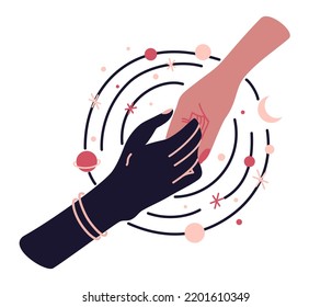 Magic Woman Hands With Moon Phases. Alchemy Esoteric Mystical Magic Celestial Talisman With Woman Hand. Spiritual Occultism Object. Hand Drawn Vector Illustrations Isolated 