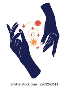 Magic Woman Hands With Moon Phases. Alchemy Esoteric Mystical Magic Celestial Talisman With Woman Hand. Spiritual Occultism Object. Hand Drawn Vector Illustrations Isolated 