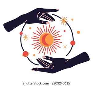 Magic Woman Hands With Moon Phases. Alchemy Esoteric Mystical Magic Celestial Talisman With Woman Hand. Spiritual Occultism Object. Hand Drawn Vector Illustrations Isolated 