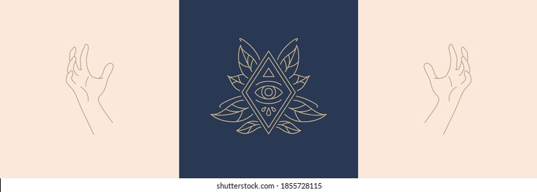 Magic woman hands and mystic eye in linear style vector illustrations set. Simple boho emblems in golden lines with female hands and eye vision symbols for mythical design and esoteric concept.