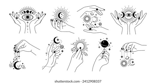 Manos mágicas. Esbozar manos místicas femeninas con planetas, estrellas, luna y sol. Elementos de tatuaje astrológico de estilo minimalista. Conjunto de vectores. Cuerpos celestes en palmas femeninas, esotéricos