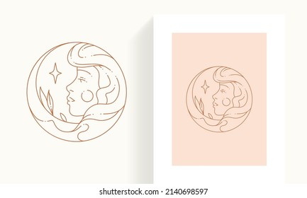 Magic woman head in circle frame with star and half moon minimalist simple logo card set vector illustration. Mythic female face decorated by design elements icon artwork isolated. Emblem beauty spa