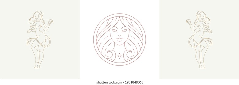 Cabeza mágica y hembra leo zodiac en ilustraciones vectoriales de estilo lineal boho. Elegantes emblemas bohemios en líneas doradas símbolos femeninos para logo místico y huella astrológica