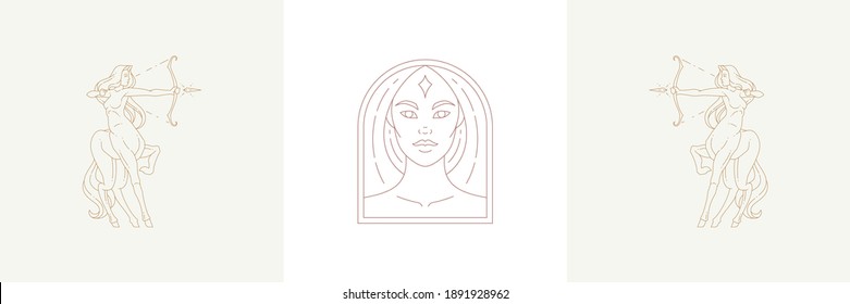 Cabeza mágica de mujer y sagitario hembra en ilustraciones vectoriales de estilo lineal boho. Elegantes emblemas bohemios en líneas doradas símbolos femeninos para logo místico y huella astrológica