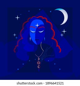 Magic woman, modern witch, lunar mystery, ritual, phase of the moon, spirituality concept. Witchcraft at night. Vector illustration tarot card cover, poster.
