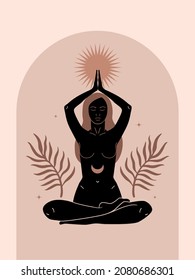 Magic woman and mystical Symbols. Flat vector illustration. Ornament beautiful girl in a yoga pose. Lotus meditation. 