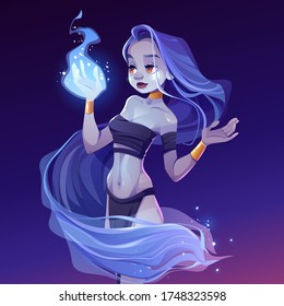 Magic woman, nymph looking on wizard fire on hand. Beautiful witch wear loincloth, top and gold jewelry, wrapped into long hair admire of magical sparkling blaze at night, Cartoon vector illustration