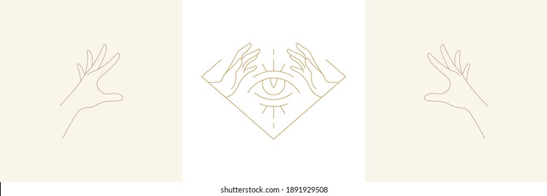 Magic woman praying hands and mystic eye in linear style vector illustrations set. Elegant boho emblems in golden lines with female hands symbols for mythical design and esoteric logo.