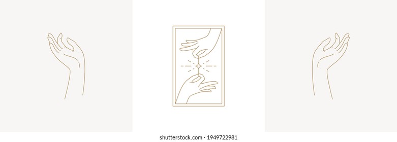 Magic woman praying hands and star in linear style vector illustrations set. Elegant boho emblems in golden lines with female hand symbols for mythical design and esoteric logo.