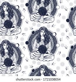 Magic woman. Seamless pattern. Packing old paper, scrapbooking style. Vintage background. Medieval manuscript, engraving art. . Girl in lotus pose. Symbol meditation, astrology, magic, yoga