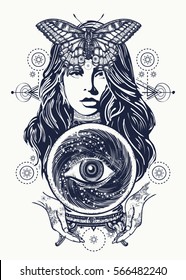 Magic woman tattoo art. Fortune teller, crystal ball, mystic and magic. All seeing eye of future. Occult symbol of the fate predictions. Beautiful witch woman t-shirt design