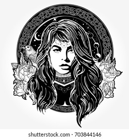 Magic woman tattoo and t-shirt design. Mystical fortune teller of destiny. Symbol of the occult, esoteric, magic. Female shaman 