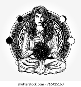 Magic woman tattoo and t-shirt design. Girl in lotus pose. Symbol meditation, philosophy, astrology, magic, yoga 