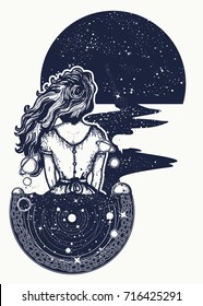 Magic woman tattoo and t-shirt design. Surreal girl sinks in universe. Symbol of magic, poetry, esoterics, astrology 