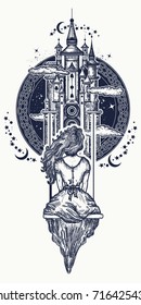 Magic woman tattoo and t-shirt design. Medieval castle and girl on swing flies to sky. Symbol of dream, love, imagination, adventures, fairy tale 